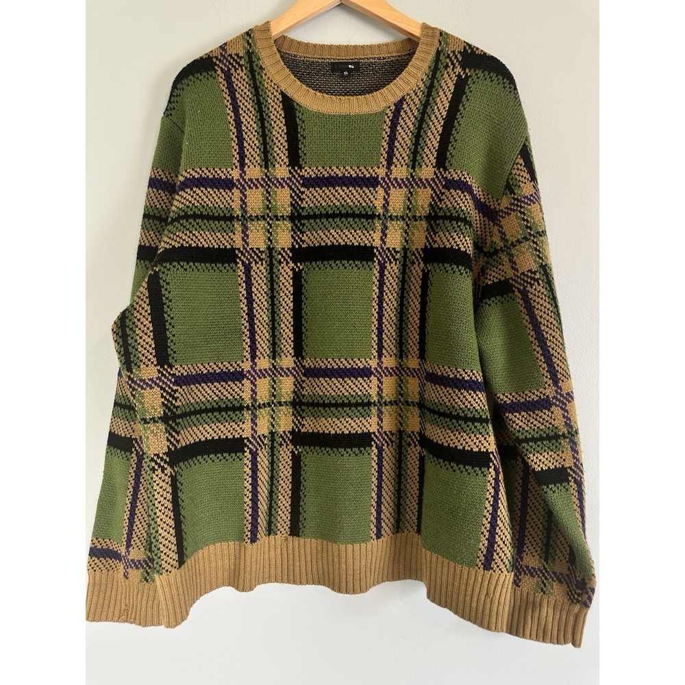 J Peterman Plaid Wool Blend Sweater Men's XL Green 90s Vintage Grunge Knit Retro